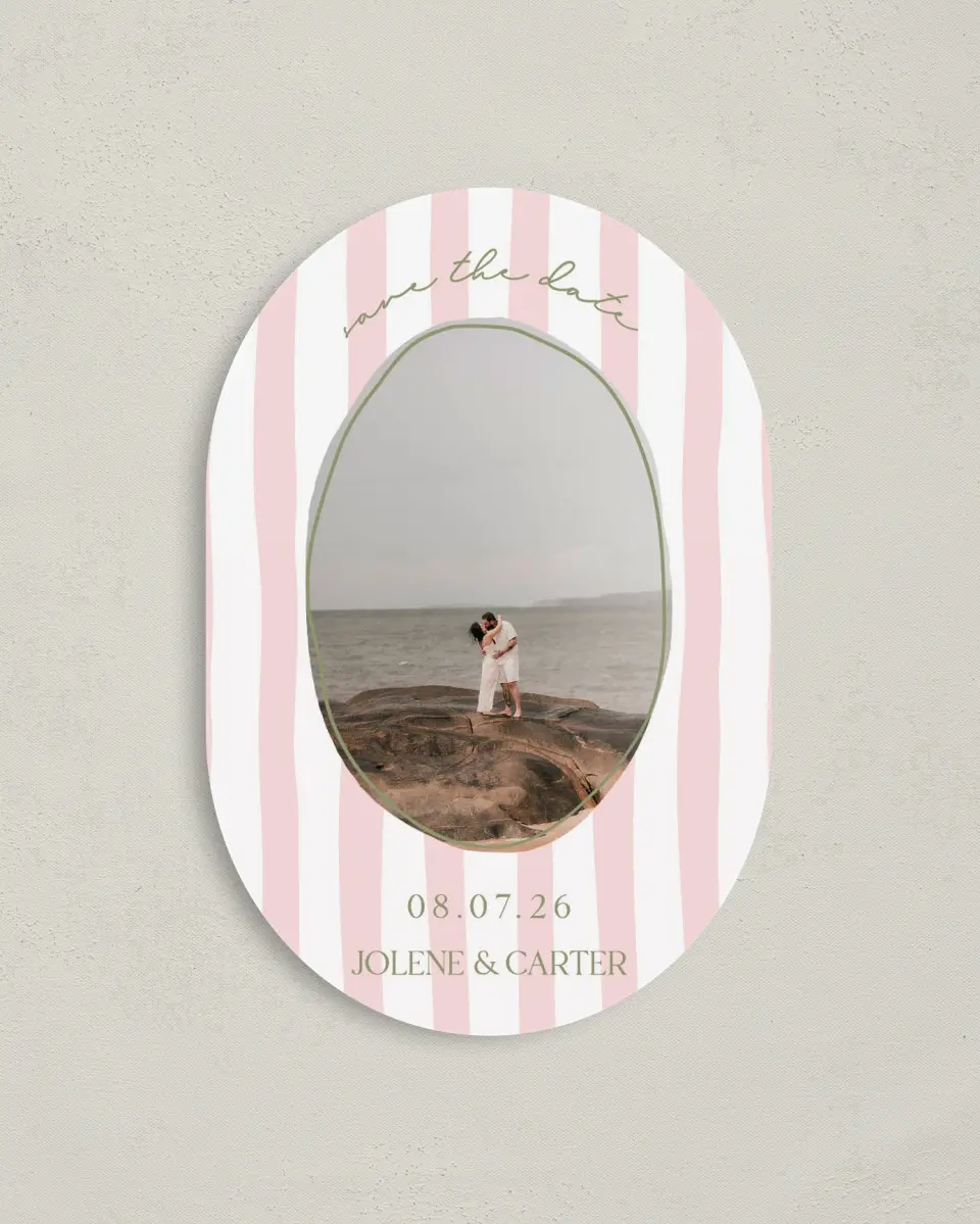 This is a 4" x 6" Oval Save the Dates (Petite) called The Jolene printed in full color on Luxe Satin paper