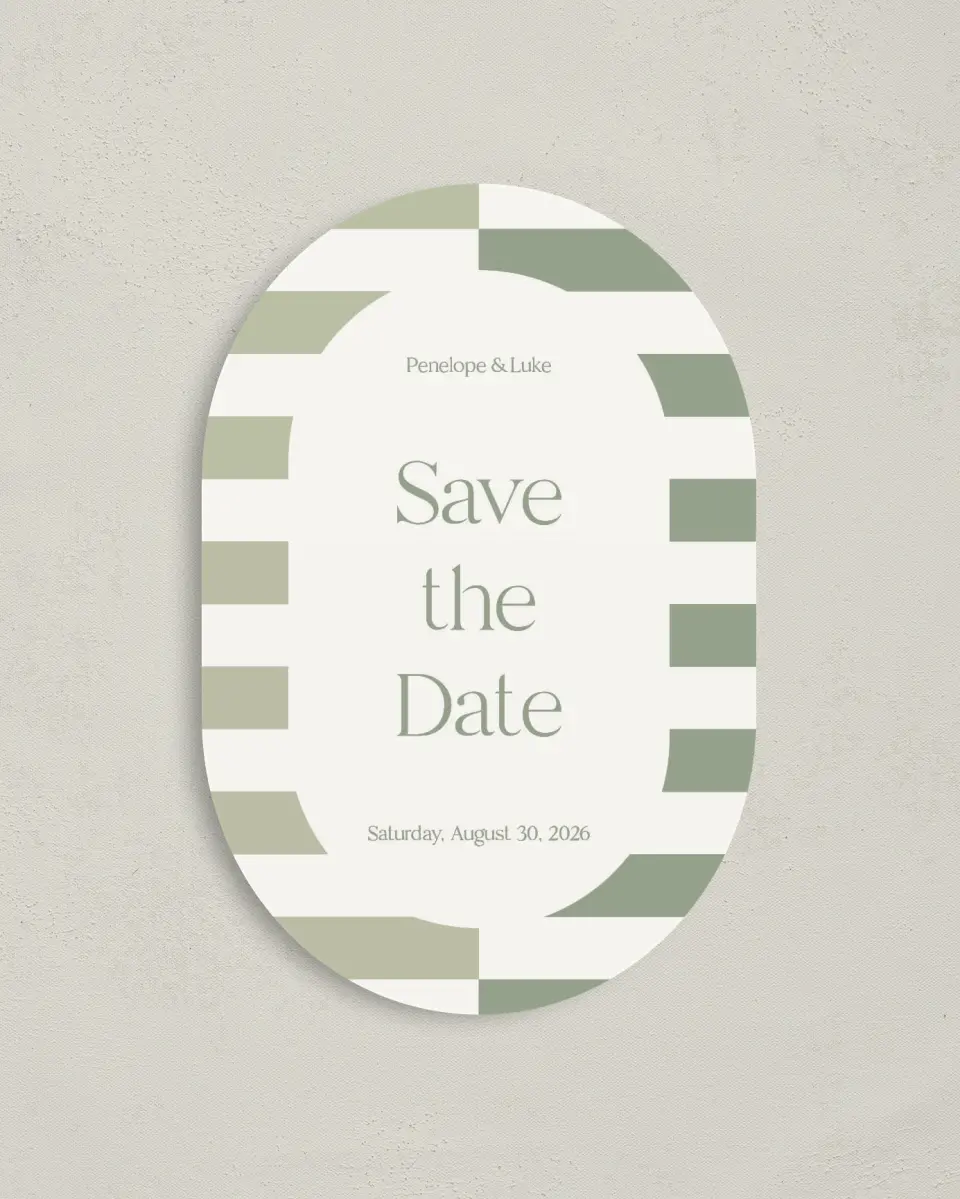 This is a 4" x 6" Oval Save the Dates (Petite) called The Penelope printed in full color on Luxe Satin paper