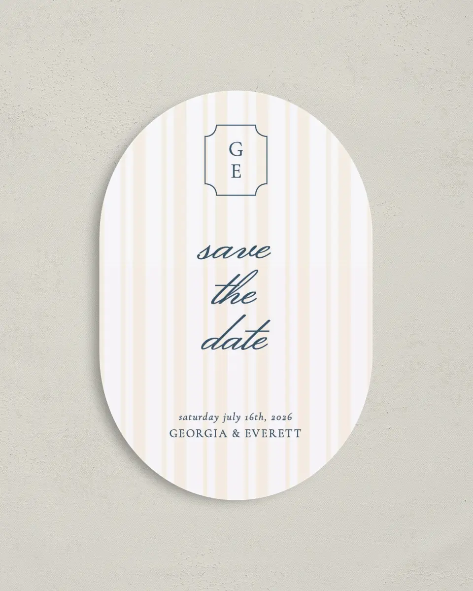 This is a 4" x 6" Oval Save the Dates (Petite) called The Georgia printed in full color on Luxe Satin paper