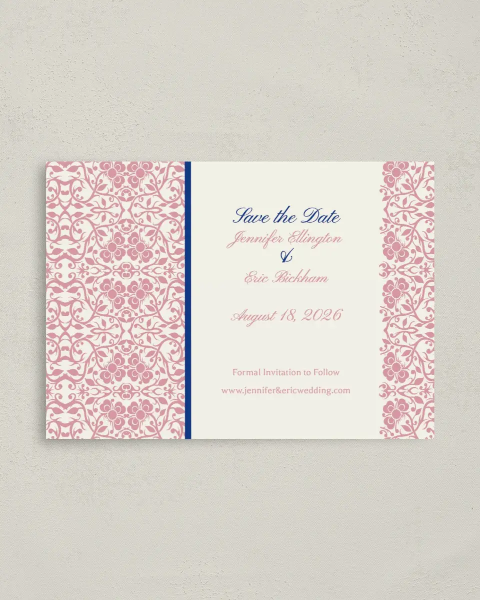 This is a 4" x 5.6" Save the Date Postcard called Floral Ornament printed in full color on Soft Touch Finish paper