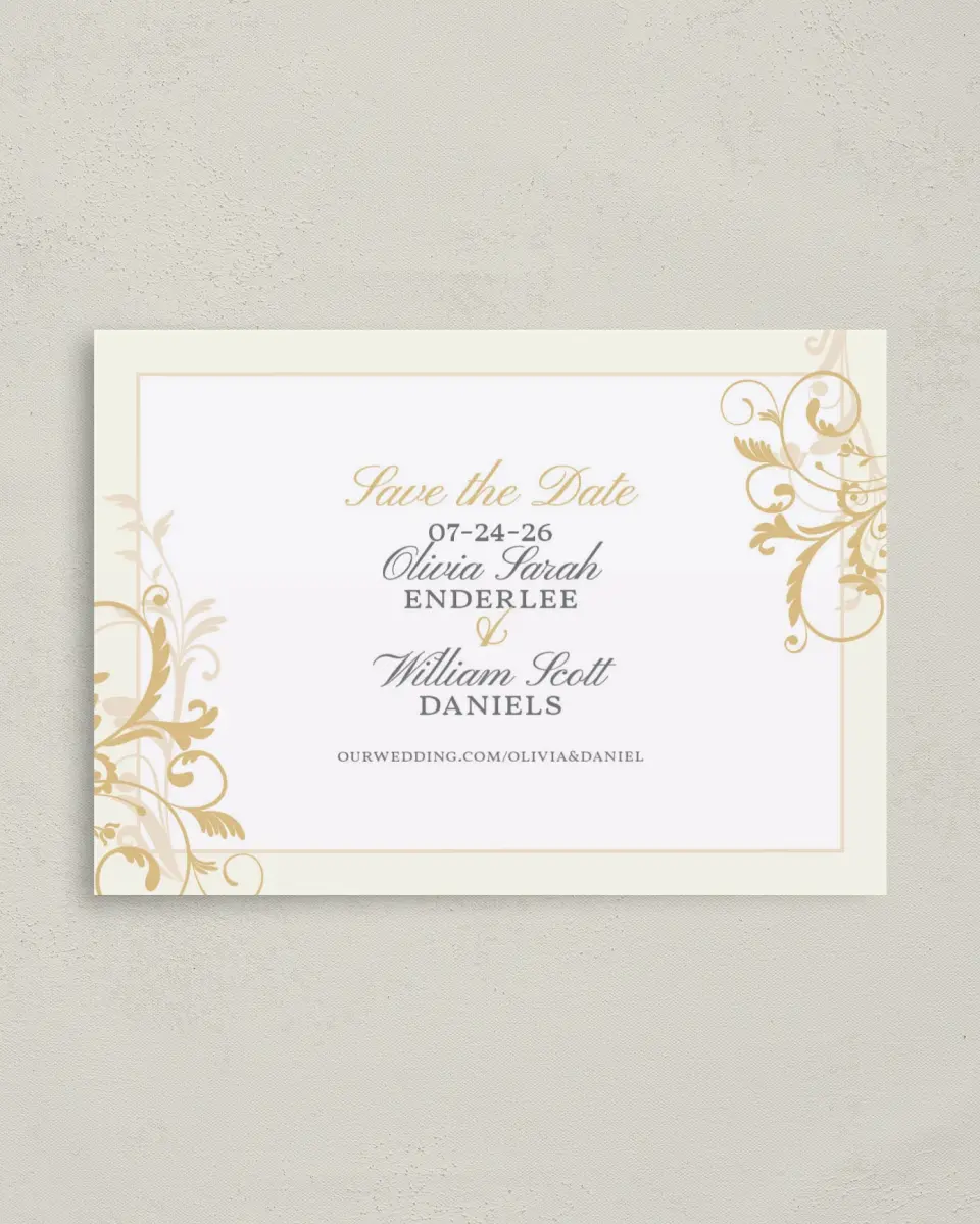 This is a 4" x 5.6" Save the Date Postcard called Classic Allure printed in full color on Soft Touch Finish paper