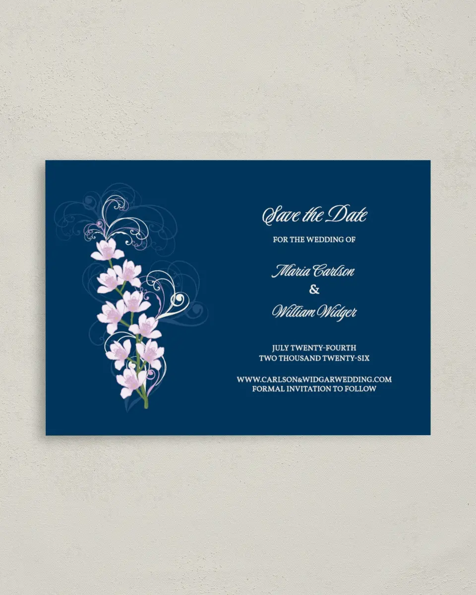 This is a 4" x 5.6" Save the Date Postcard called Waking Beauty printed in full color on Soft Touch Finish paper
