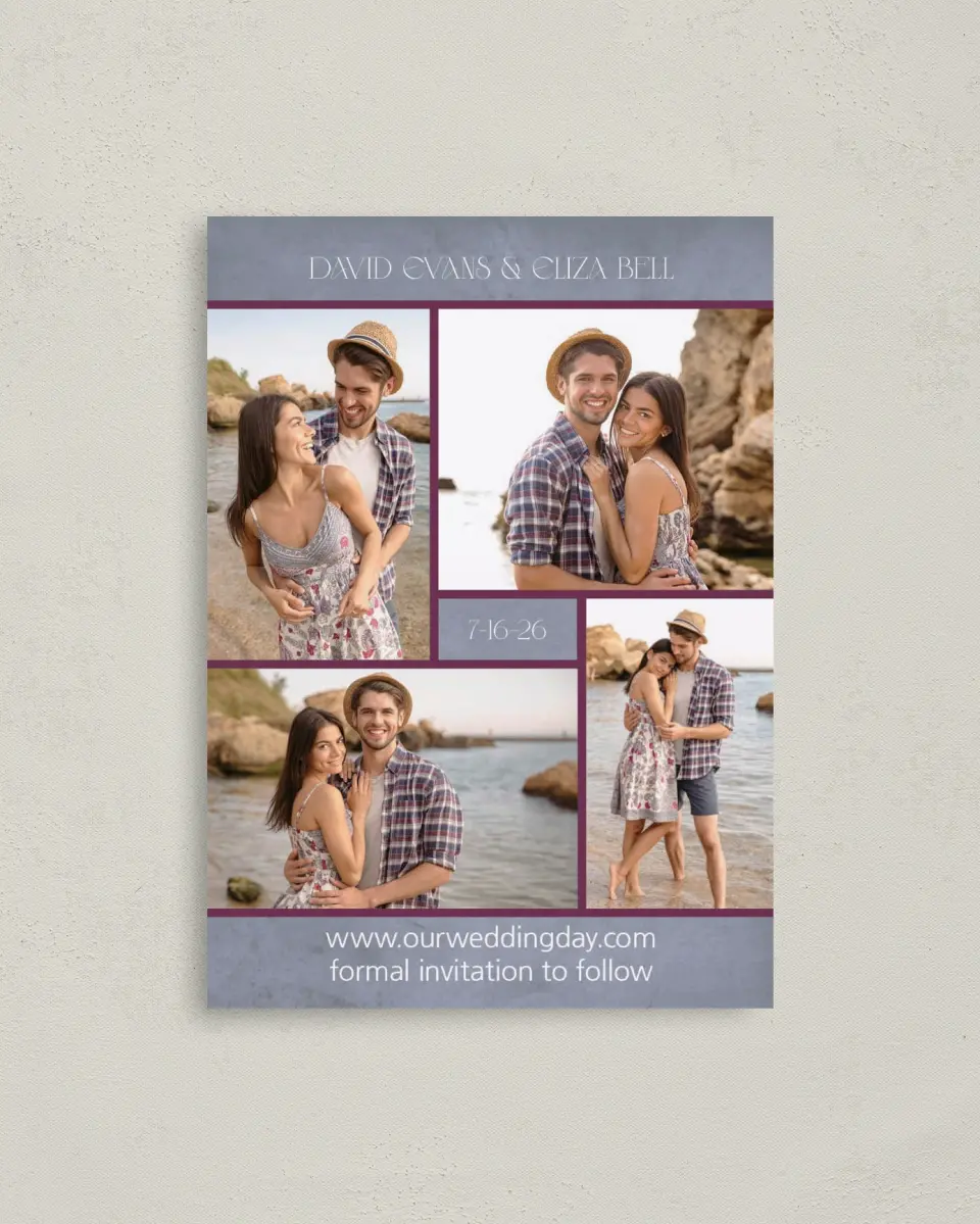 This is a 4" x 5.6" Save the Date Postcard called Fetching Frames printed in full color on Soft Touch Finish paper