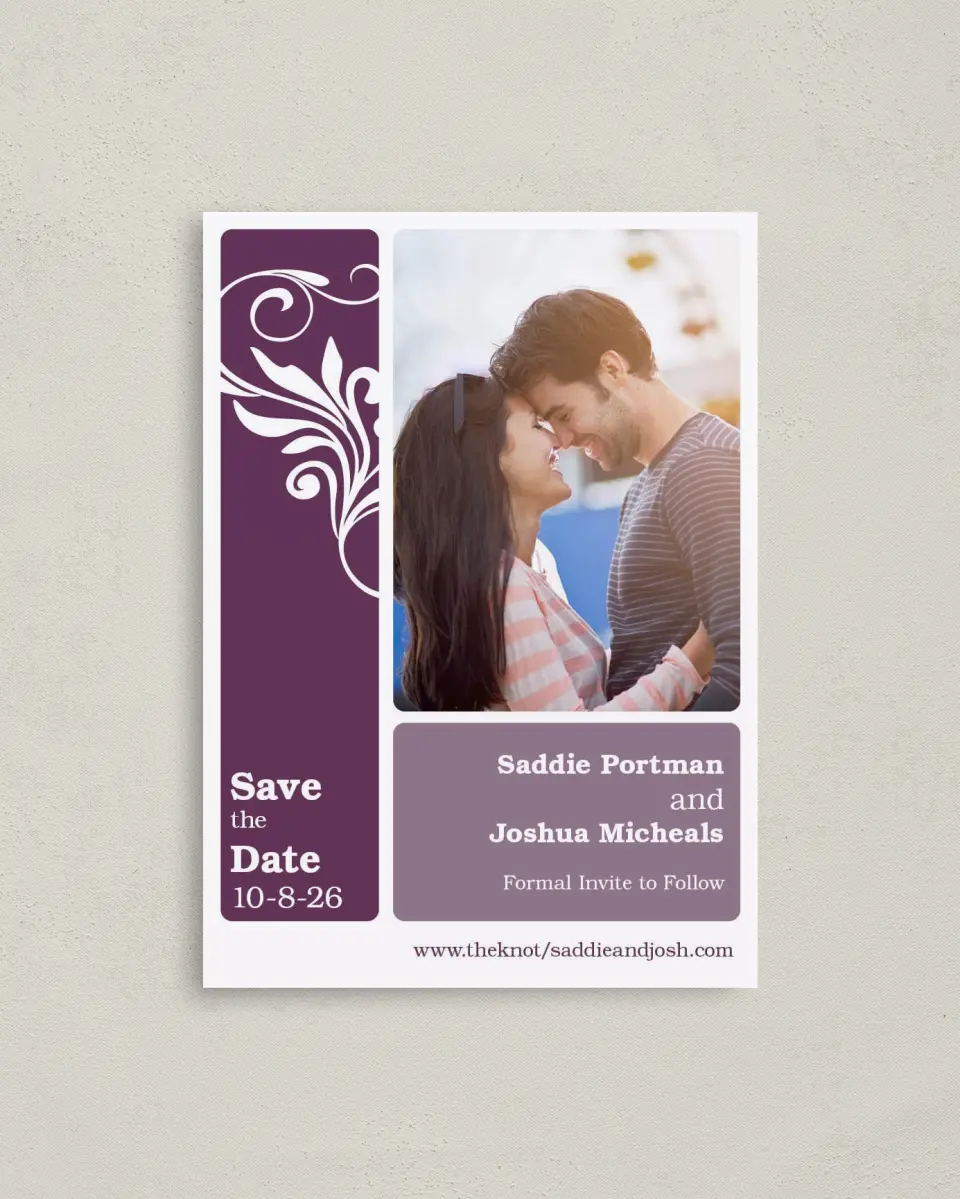 This is a 4" x 5.6" Save the Date Postcard called Alluring Affection printed in full color on Soft Touch Finish paper
