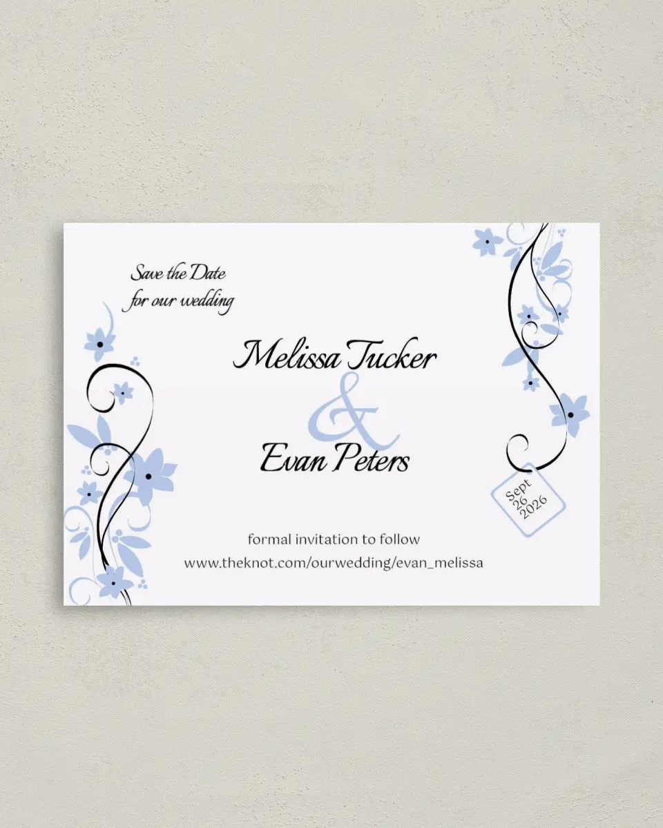 This is a 4" x 5.6" Save the Date Postcard called Floral Flourish printed in full color on Soft Touch Finish paper