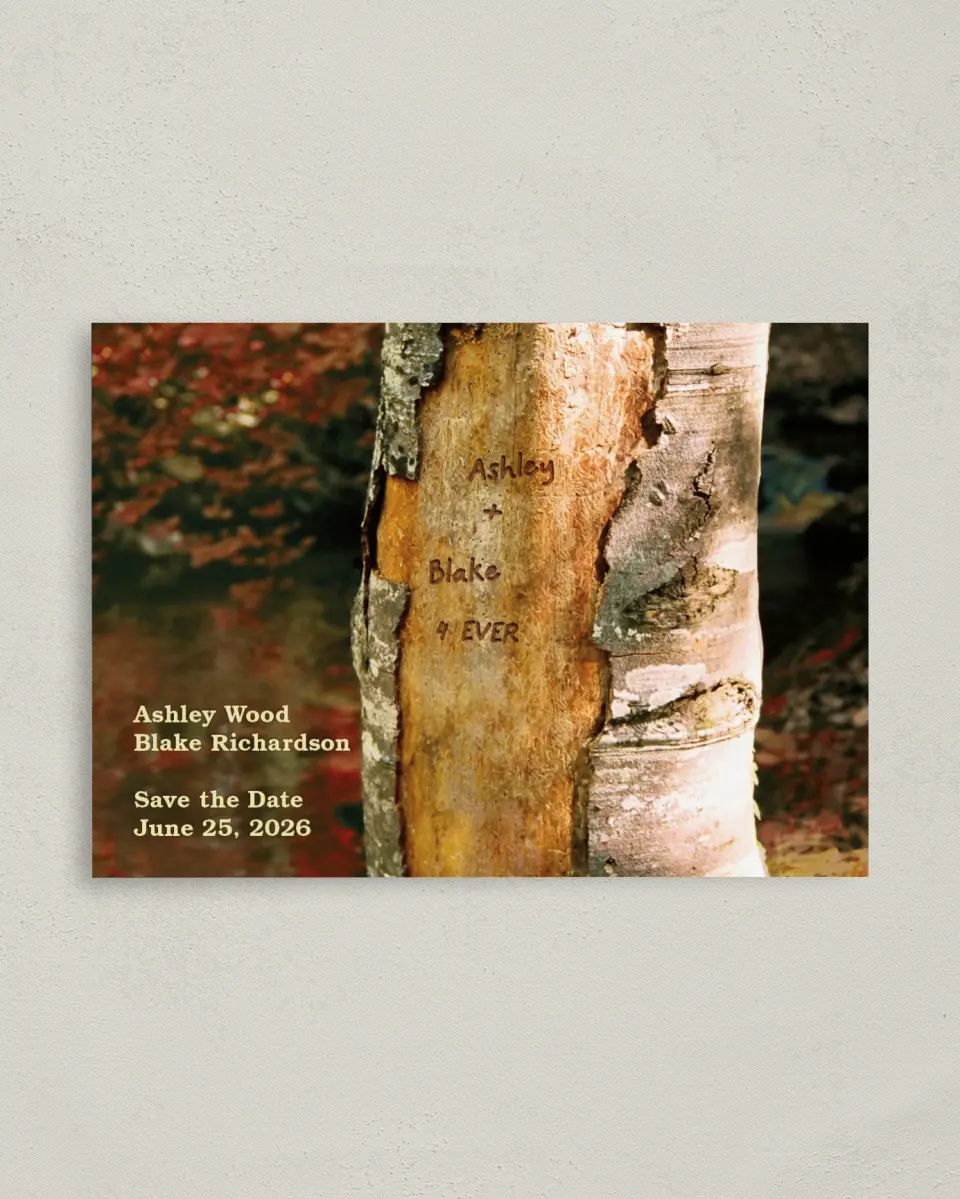 This is a 4" x 5.6" Save the Date Postcard called Carved in Love - Autumn printed in full color on Soft Touch Finish paper