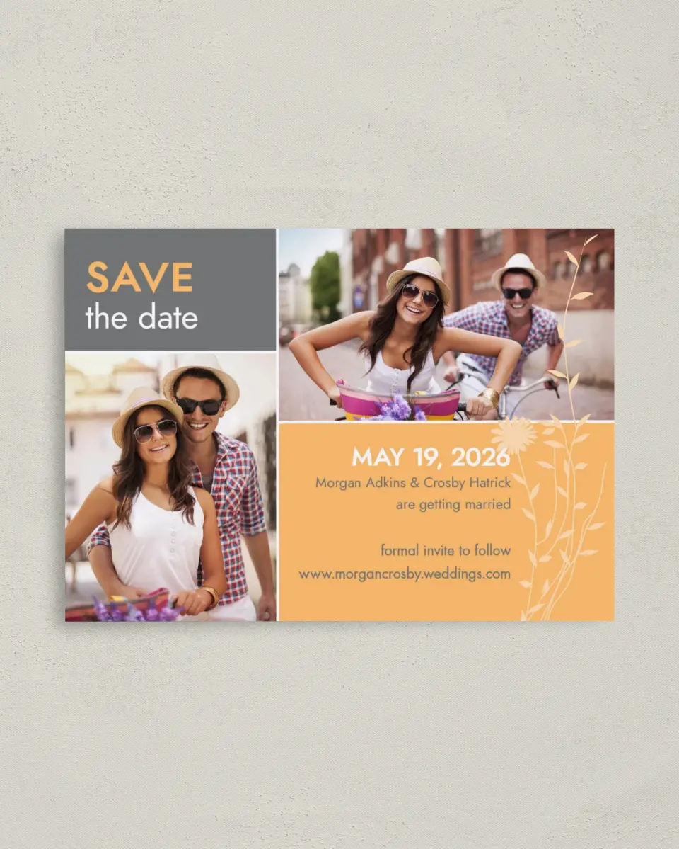 This is a 4" x 5.6" Save the Date Postcard called Field of Love printed in full color on Soft Touch Finish paper