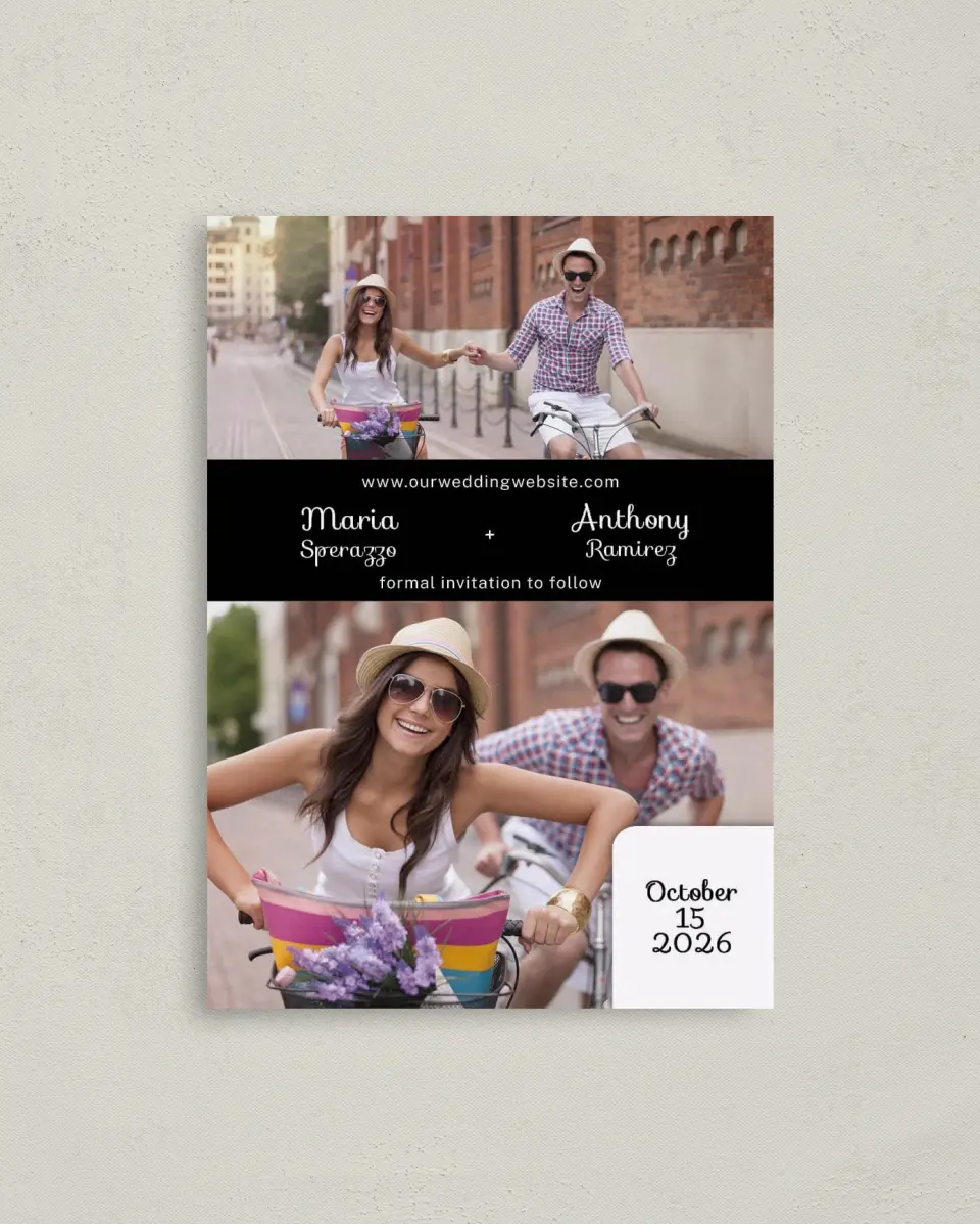 This is a 4" x 5.6" Save the Date Postcard called All My Heart printed in full color on Soft Touch Finish paper