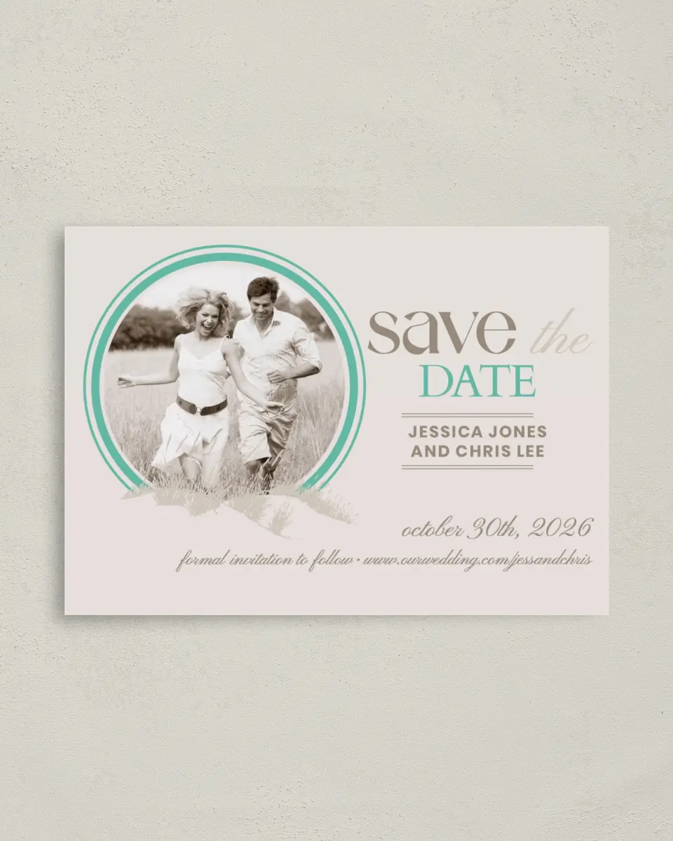 This is a 4" x 5.6" Save the Date Postcard called Field of Dreams printed in full color on Soft Touch Finish paper