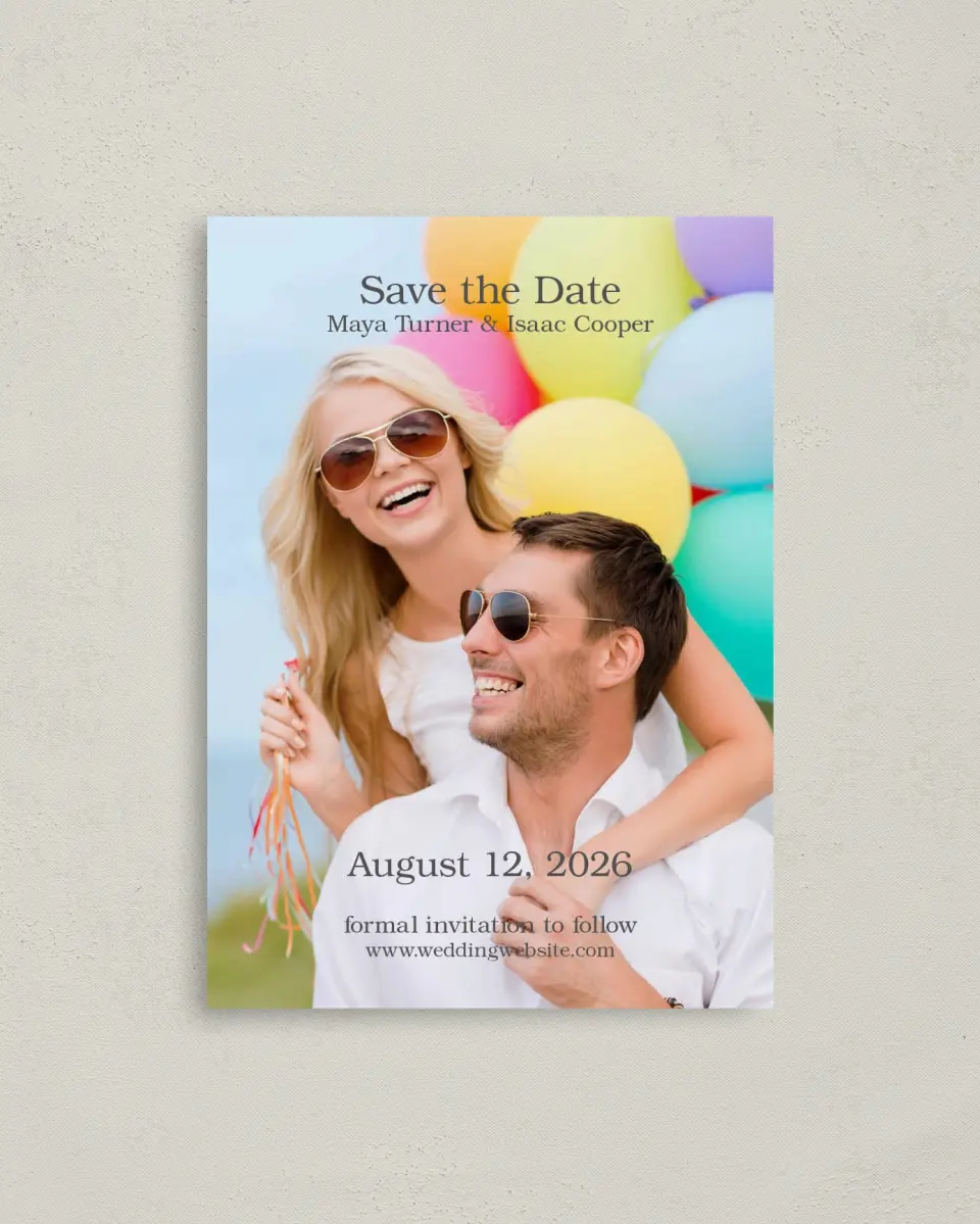 This is a 4" x 5.6" Save the Date Postcard called Full Photo printed in full color on Soft Touch Finish paper