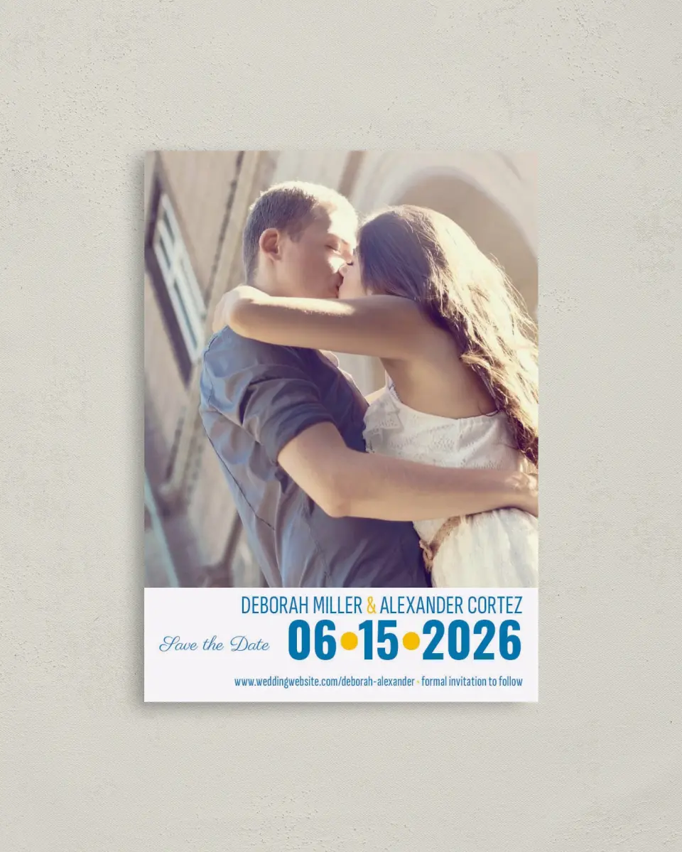 This is a 4" x 5.6" Save the Date Postcard called I Got You Babe! printed in full color on Soft Touch Finish paper