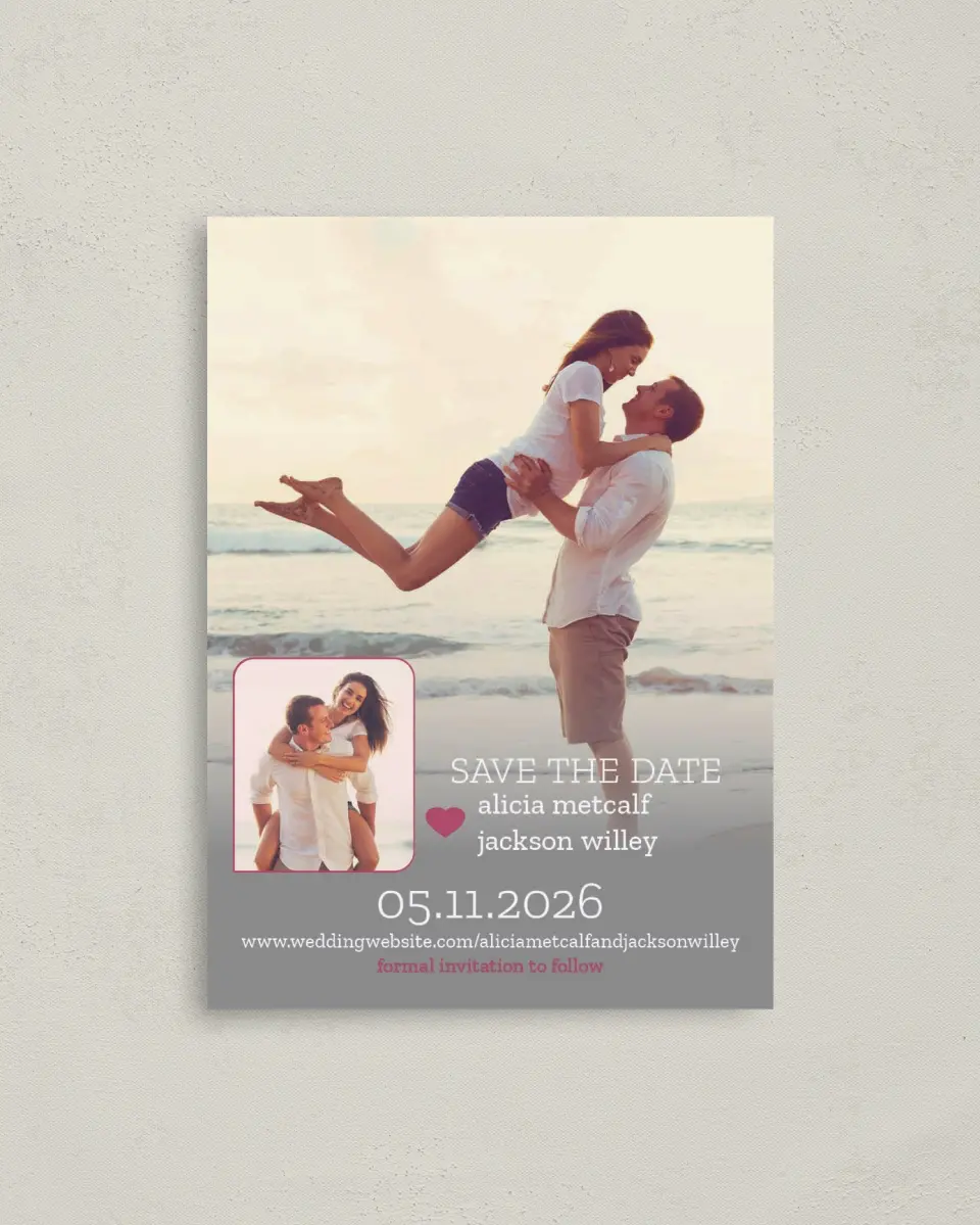 This is a 4" x 5.6" Save the Date Postcard called Snapshot Sweetness printed in full color on Soft Touch Finish paper