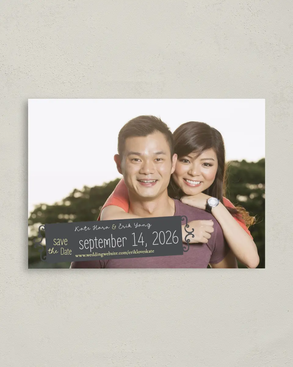 This is a 4" x 5.6" Save the Date Postcard called Chalk it up to Love printed in full color on Soft Touch Finish paper