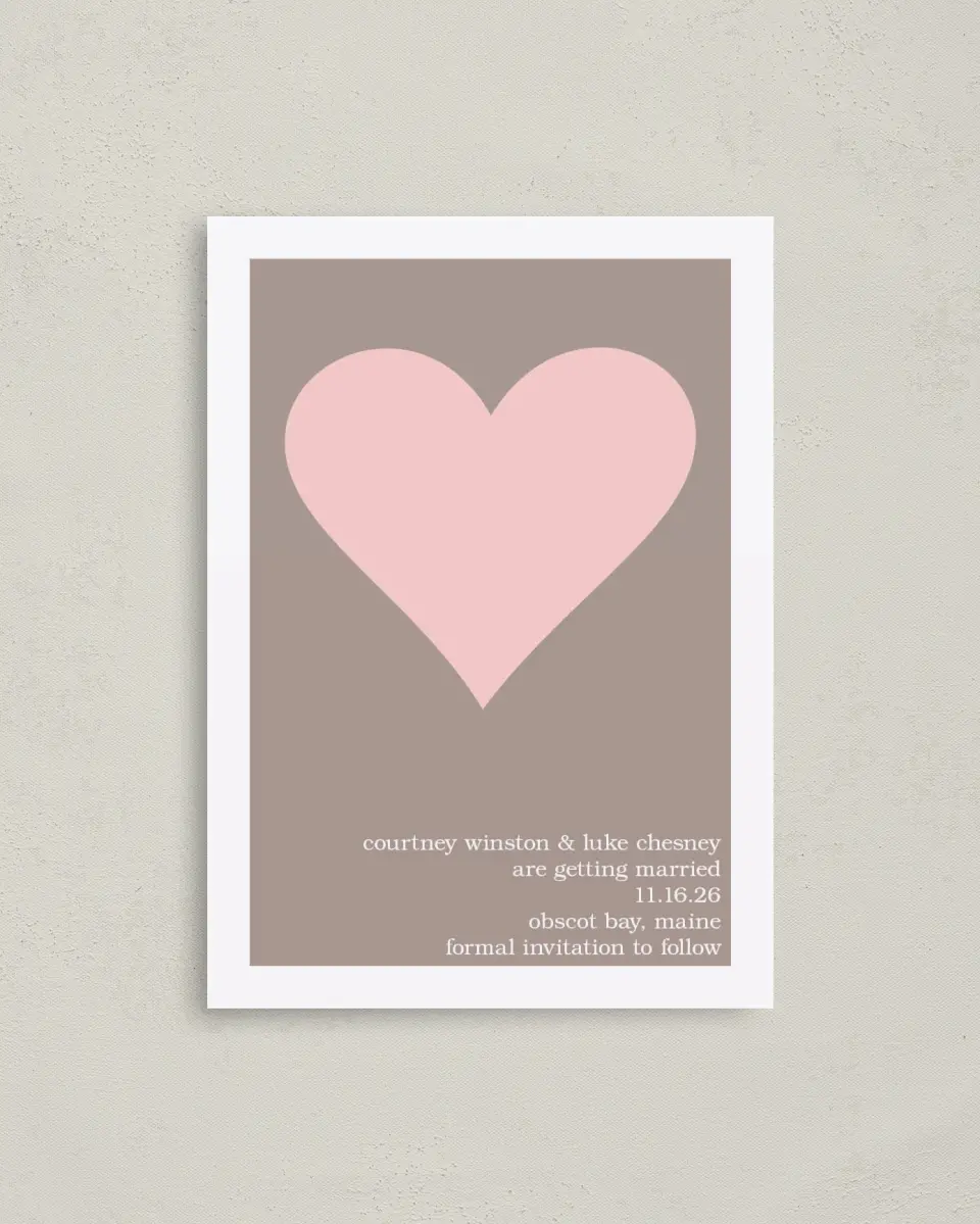This is a 4" x 5.6" Save the Date Postcard called He Stole My Heart printed in full color on Soft Touch Finish paper