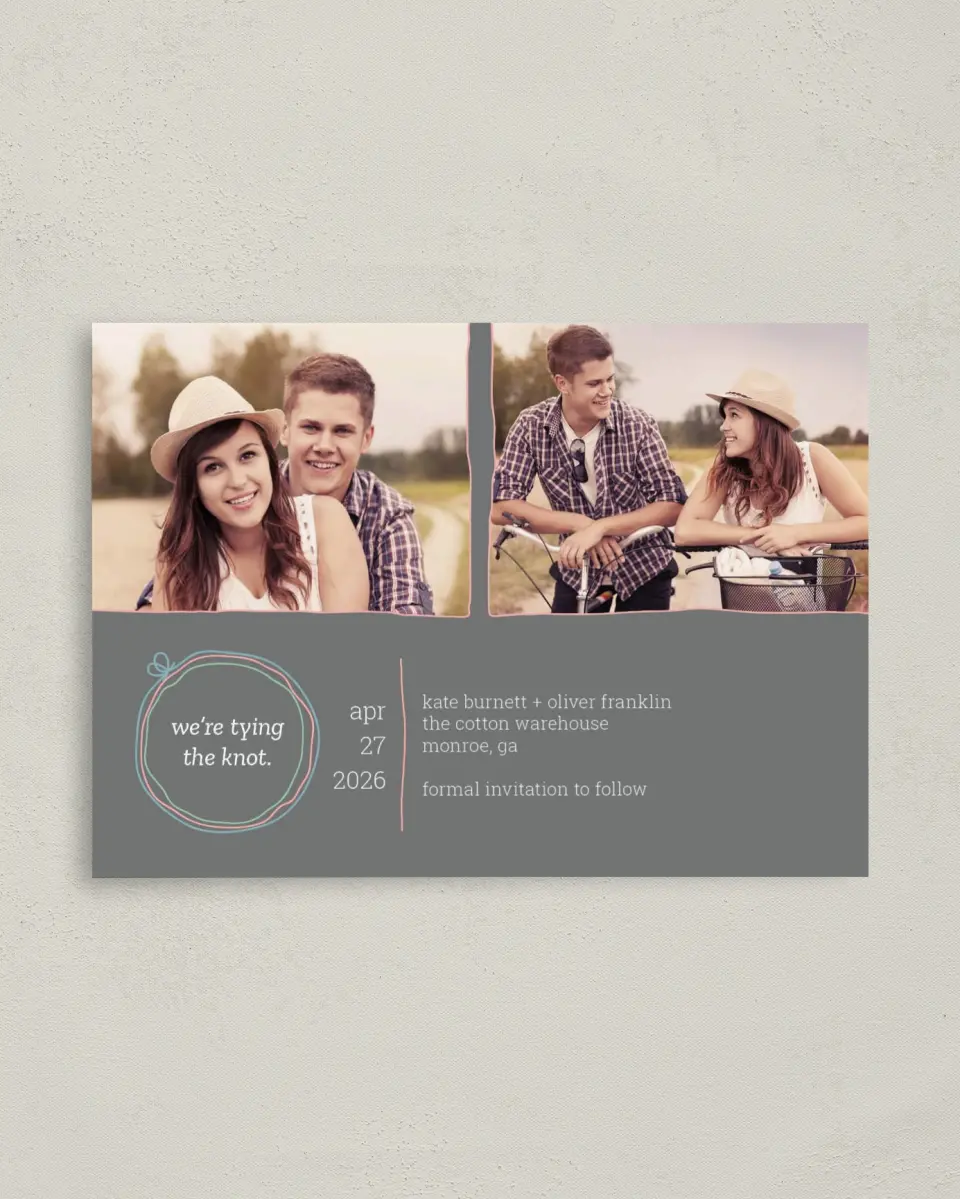 This is a 4" x 5.6" Save the Date Postcard called Simple Knot printed in full color on Soft Touch Finish paper