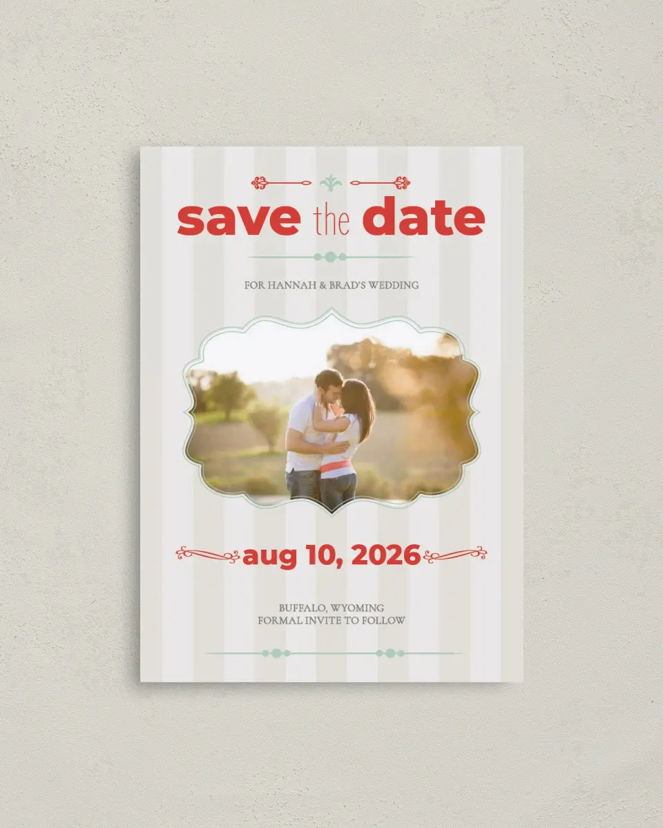 This is a 4" x 5.6" Save the Date Postcard called Carnival Crush printed in full color on Soft Touch Finish paper