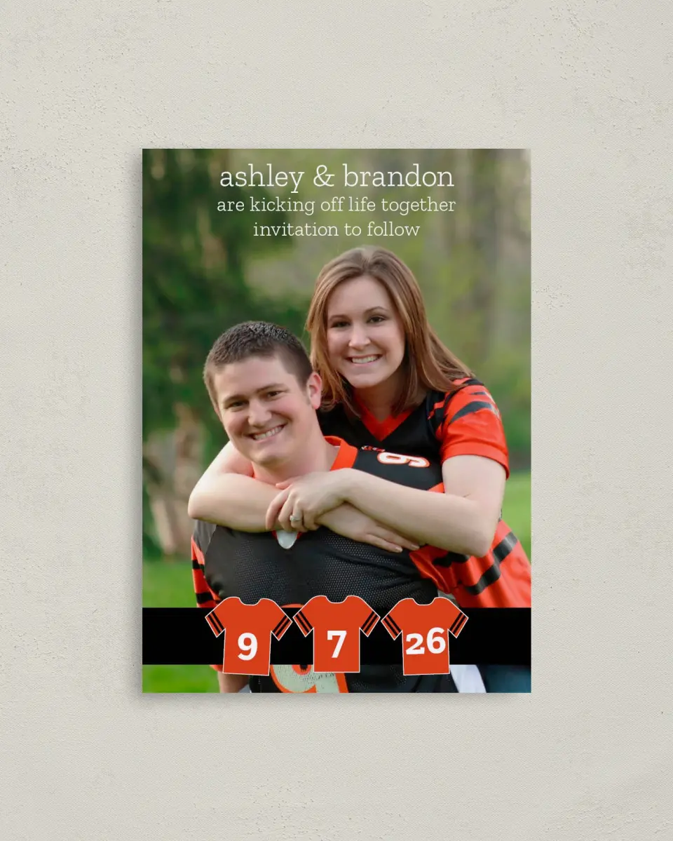 This is a 4" x 5.6" Save the Date Postcard called Jerseys printed in full color on Soft Touch Finish paper