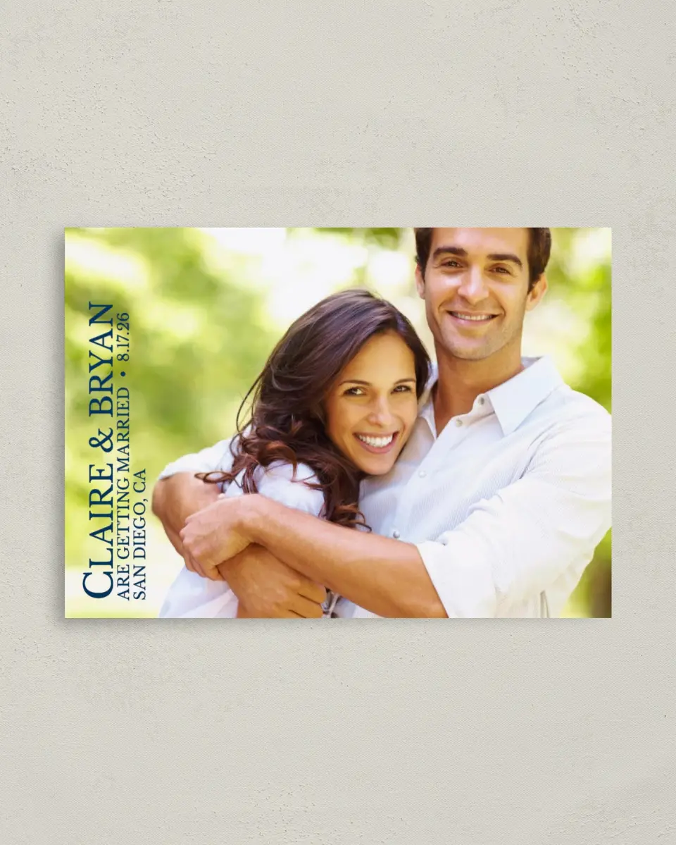 This is a 4" x 5.6" Save the Date Postcard called Timeless Photo printed in full color on Soft Touch Finish paper