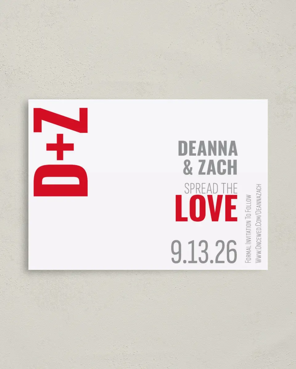 This is a 4" x 5.6" Save the Date Postcard called Bold Type printed in full color on Soft Touch Finish paper