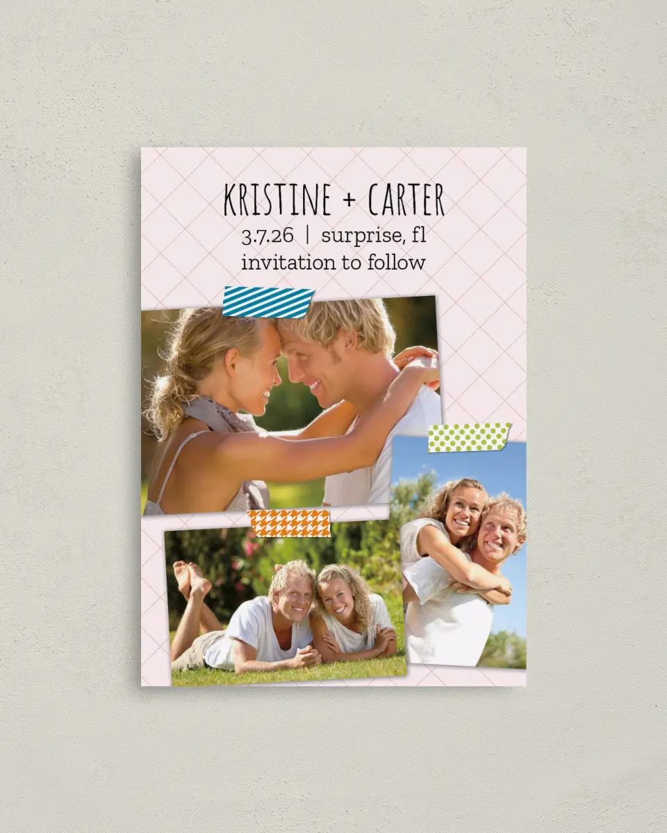 This is a 4" x 5.6" Save the Date Postcard called Washi Photo Collection printed in full color on Soft Touch Finish paper