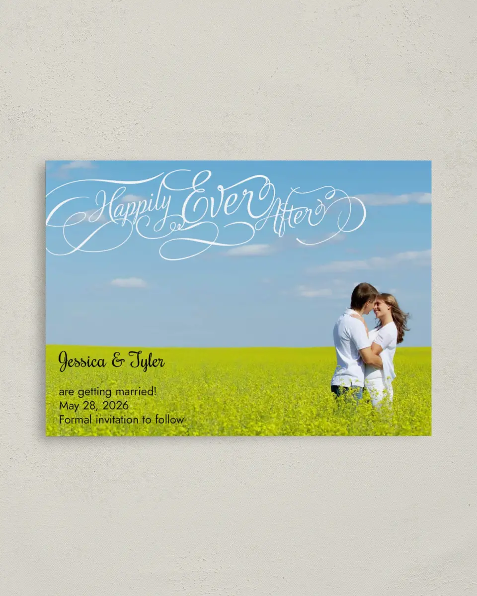 This is a 4" x 5.6" Save the Date Postcard called Happily Ever After printed in full color on Soft Touch Finish paper