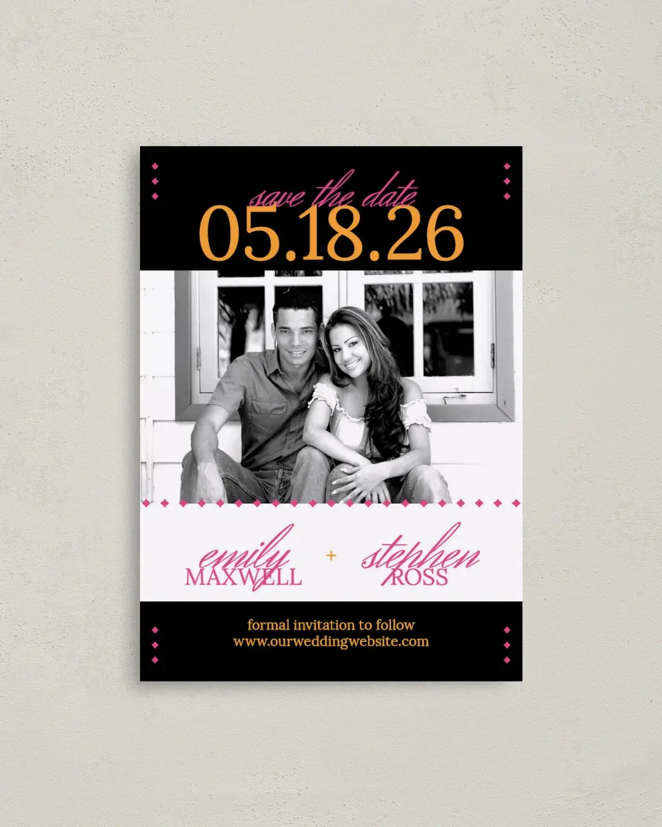 This is a 4" x 5.6" Save the Date Postcard called Diamond Date printed in full color on Soft Touch Finish paper