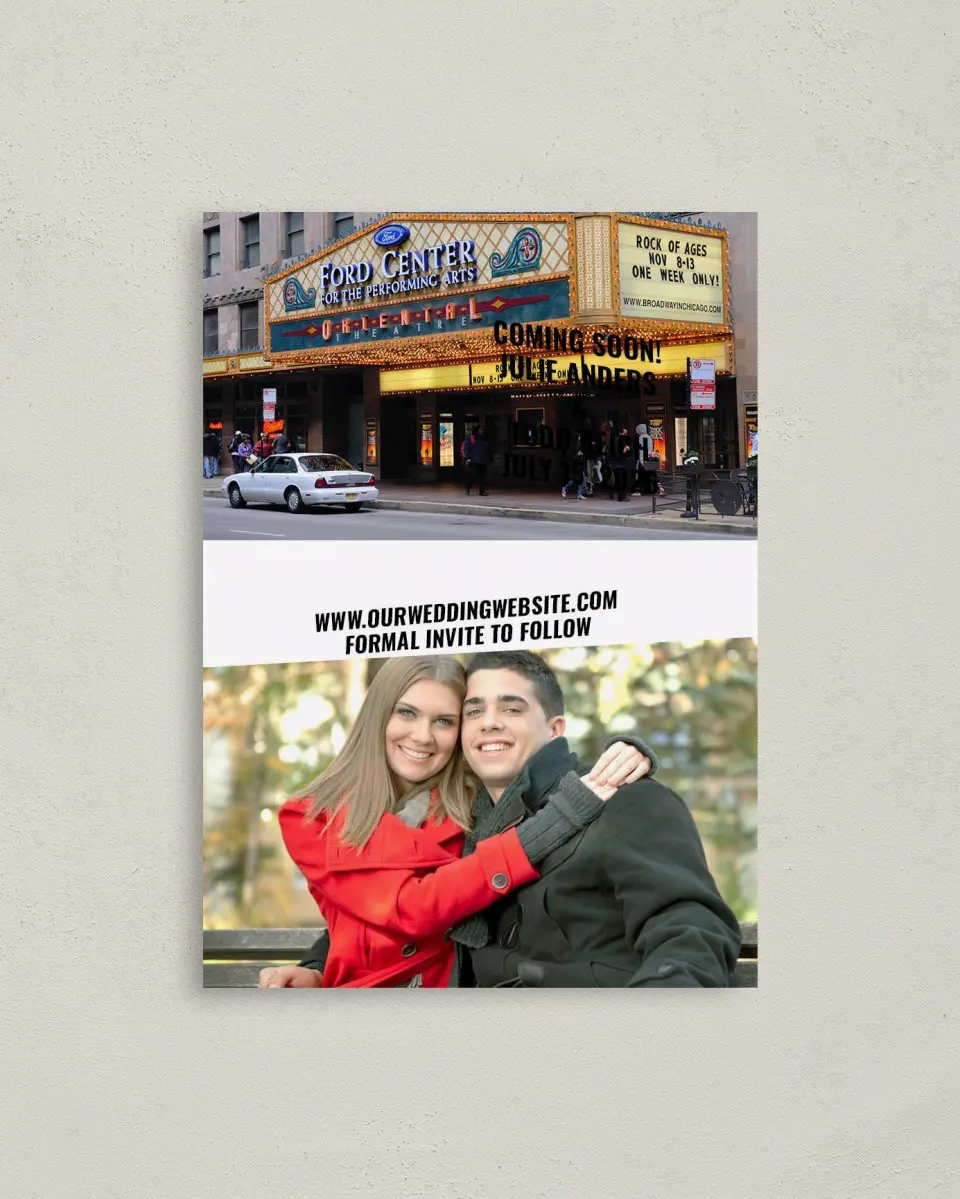 This is a 4" x 5.6" Save the Date Postcard called Marquee Theater printed in full color on Soft Touch Finish paper