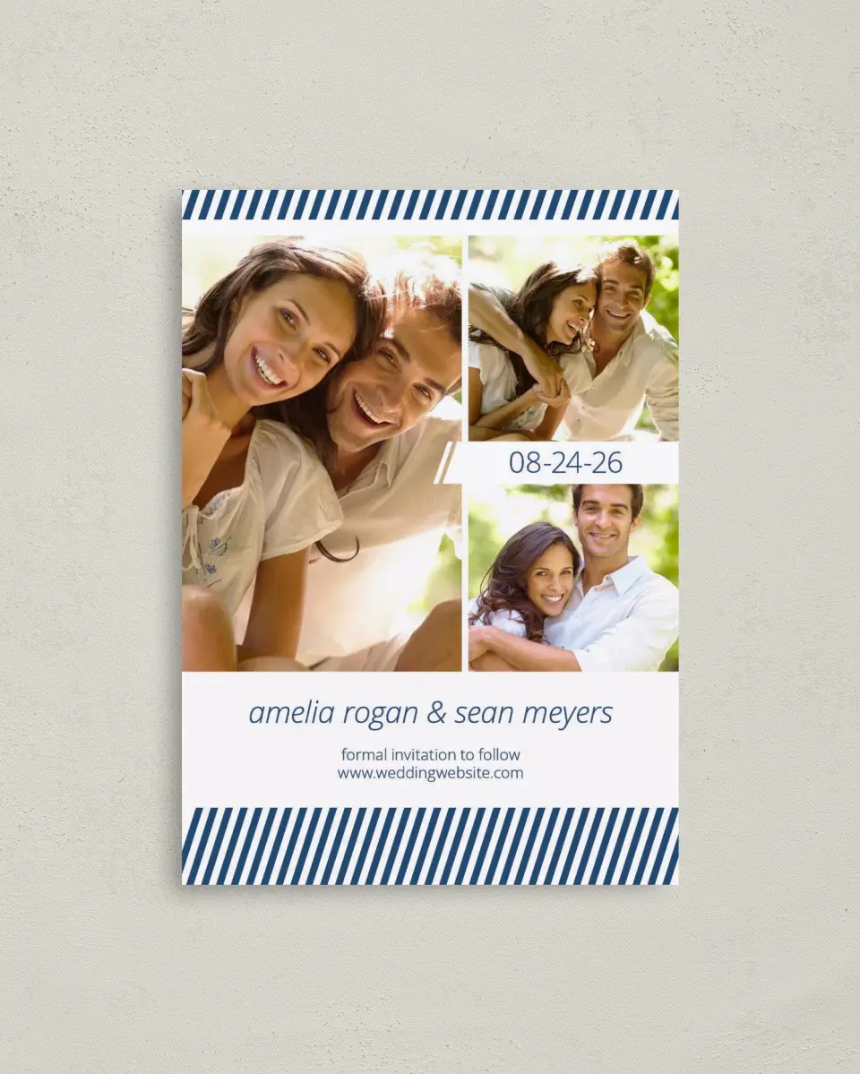 This is a 4" x 5.6" Save the Date Postcard called Hidden Stripe printed in full color on Soft Touch Finish paper