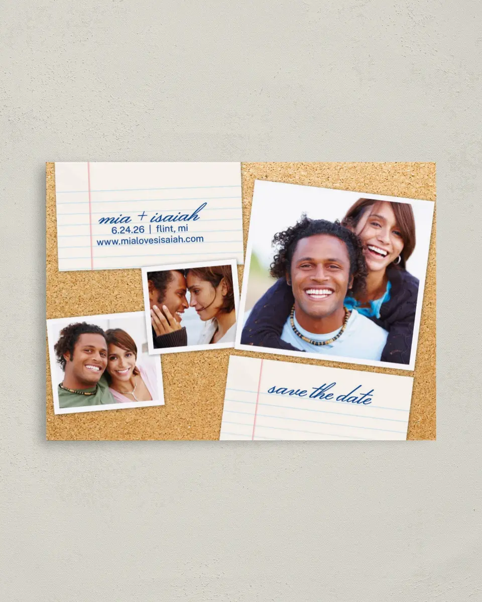 This is a 4" x 5.6" Save the Date Postcard called Sweet Snapshots printed in full color on Soft Touch Finish paper