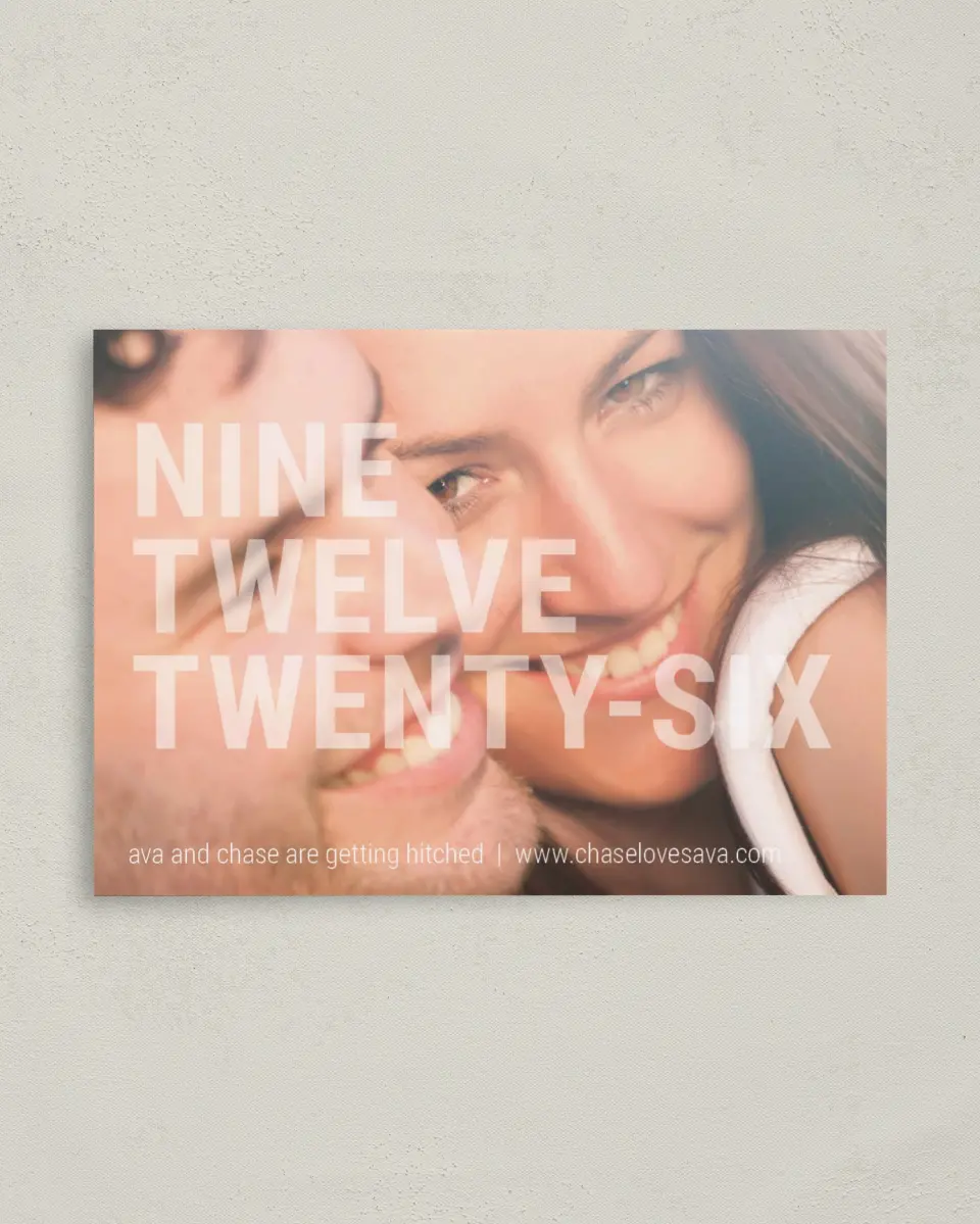 This is a 4" x 5.6" Save the Date Postcard called See Through Love printed in full color on Soft Touch Finish paper