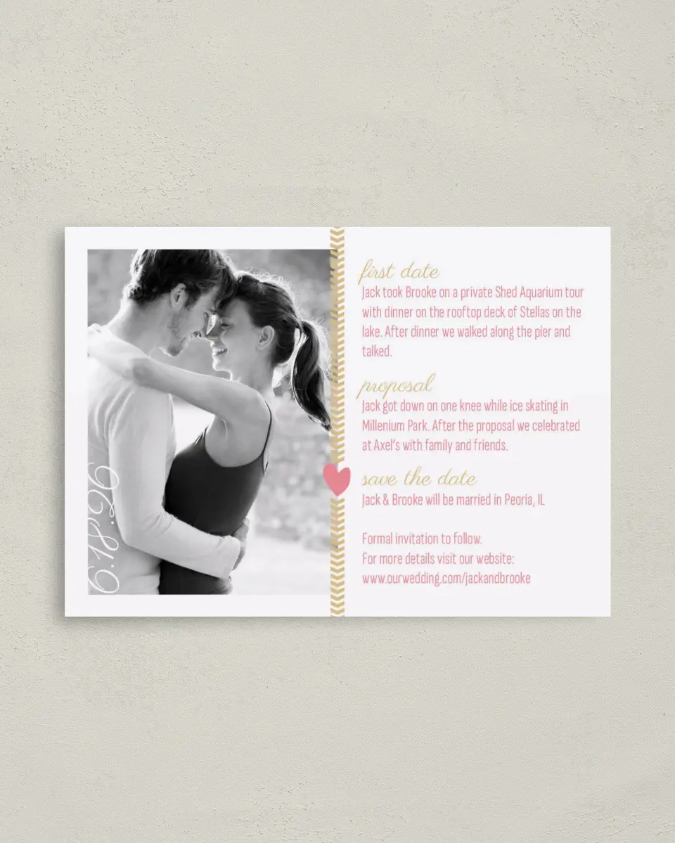 This is a 4" x 5.6" Save the Date Postcard called Story of Us printed in full color on Soft Touch Finish paper