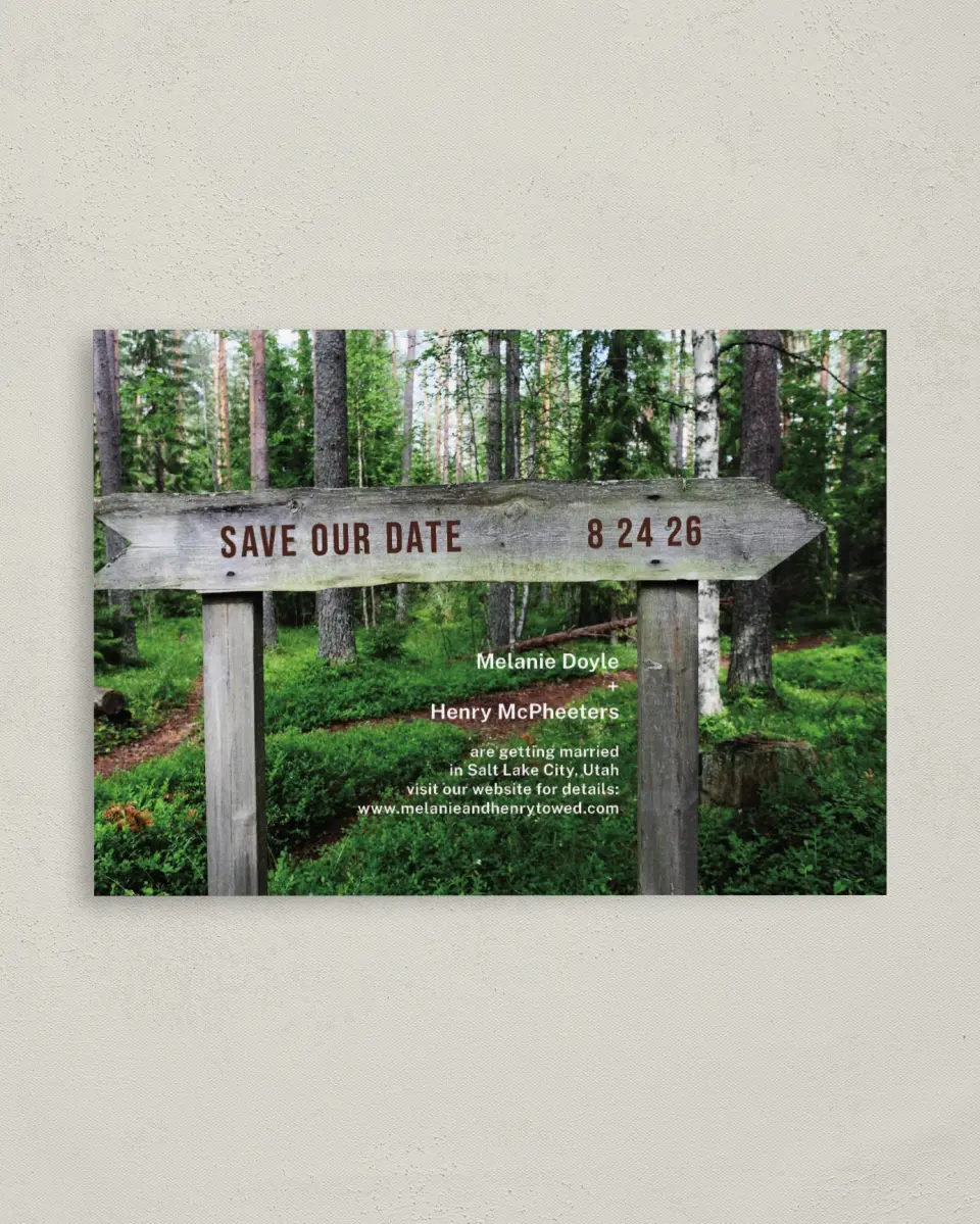 This is a 4" x 5.6" Save the Date Postcard called Wooden Sign printed in full color on Soft Touch Finish paper