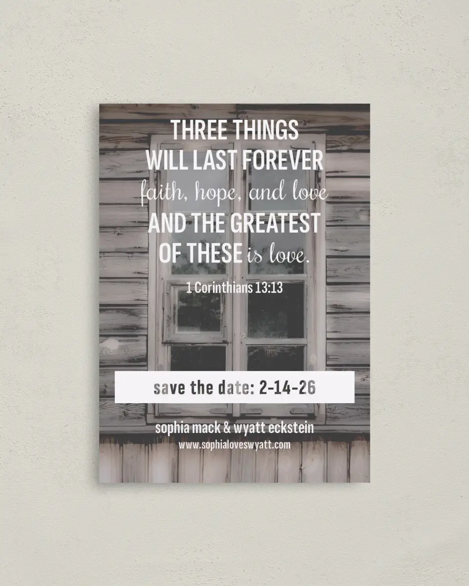 This is a 4" x 5.6" Save the Date Postcard called Rustic Retreat printed in full color on Soft Touch Finish paper