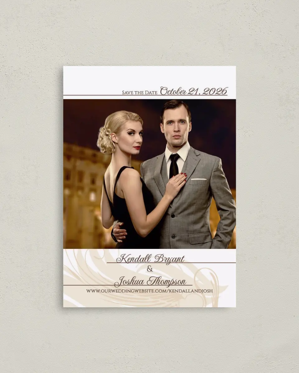 This is a 4" x 5.6" Save the Date Postcard called Whispering Feather printed in full color on Soft Touch Finish paper