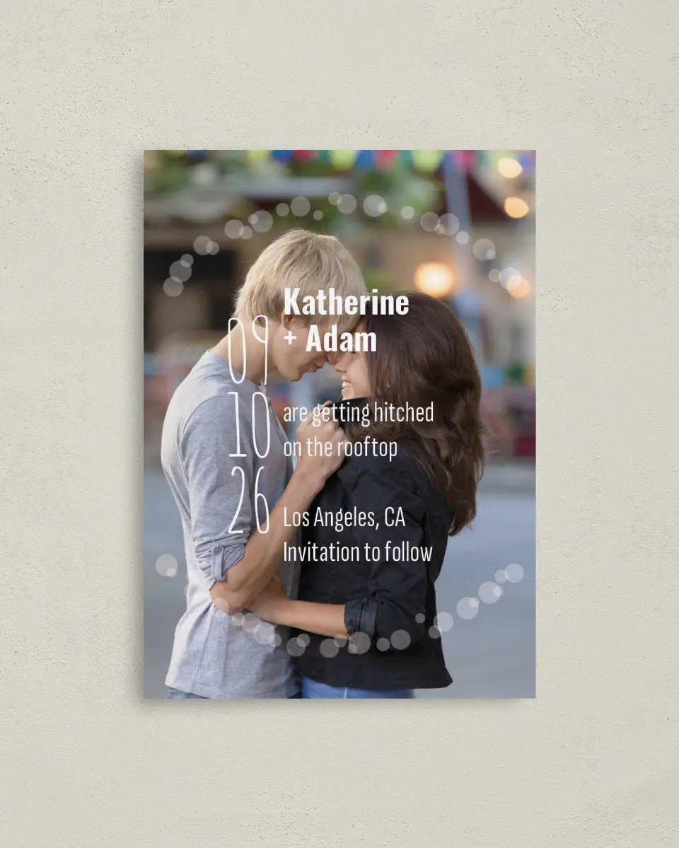This is a 4" x 5.6" Save the Date Postcard called Rooftop Party printed in full color on Soft Touch Finish paper