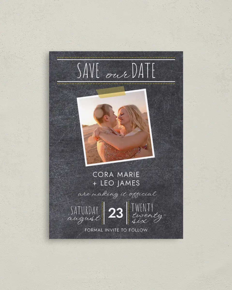 This is a 4" x 5.6" Save the Date Postcard called Modern Chalkboard printed in full color on Soft Touch Finish paper