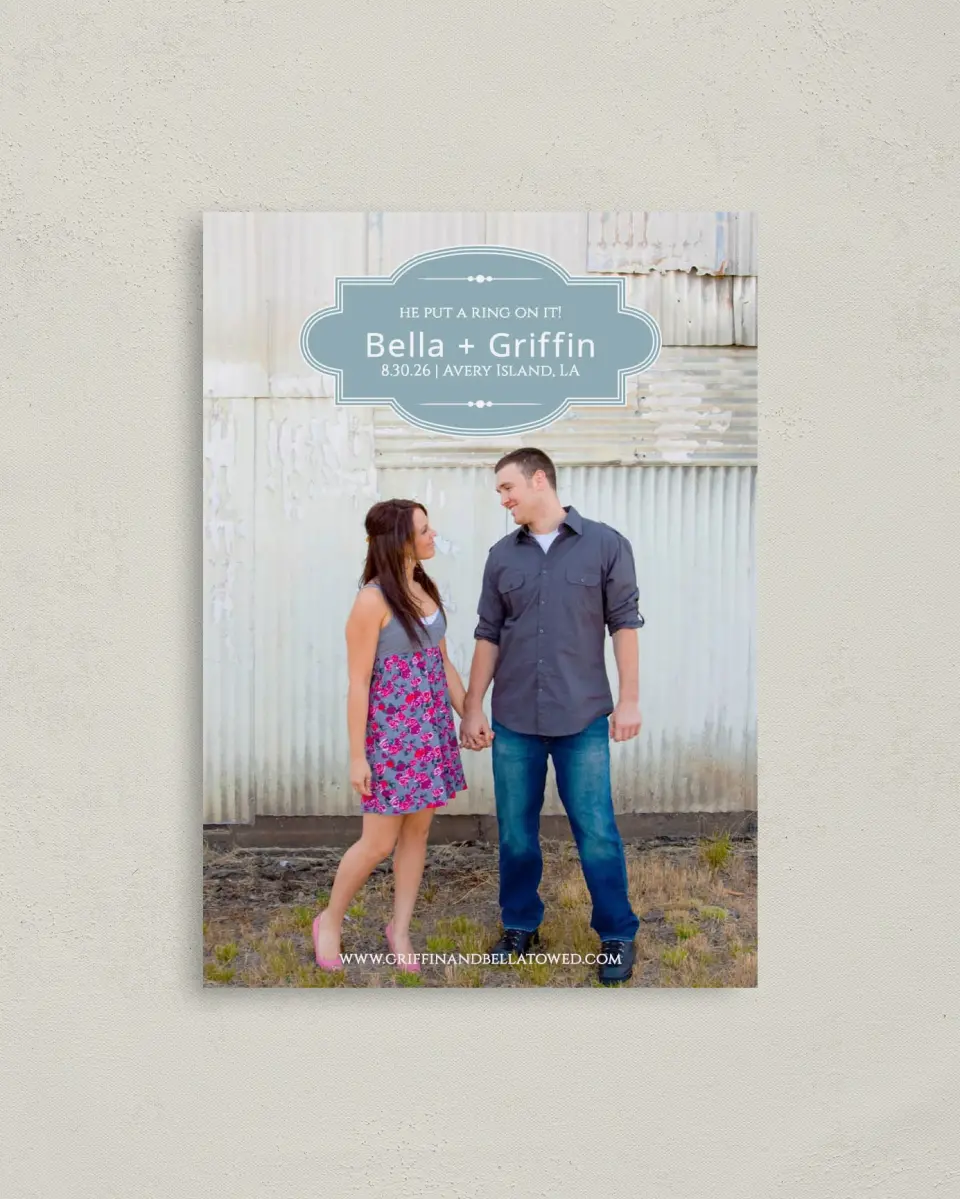 This is a 4" x 5.6" Save the Date Postcard called Storybook Ending printed in full color on Soft Touch Finish paper