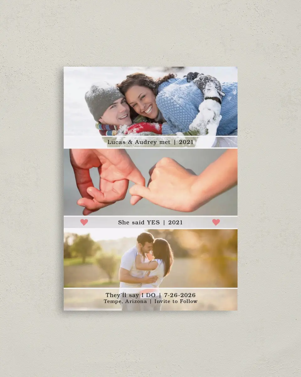 This is a 4" x 5.6" Save the Date Postcard called From Hello to I Do printed in full color on Soft Touch Finish paper
