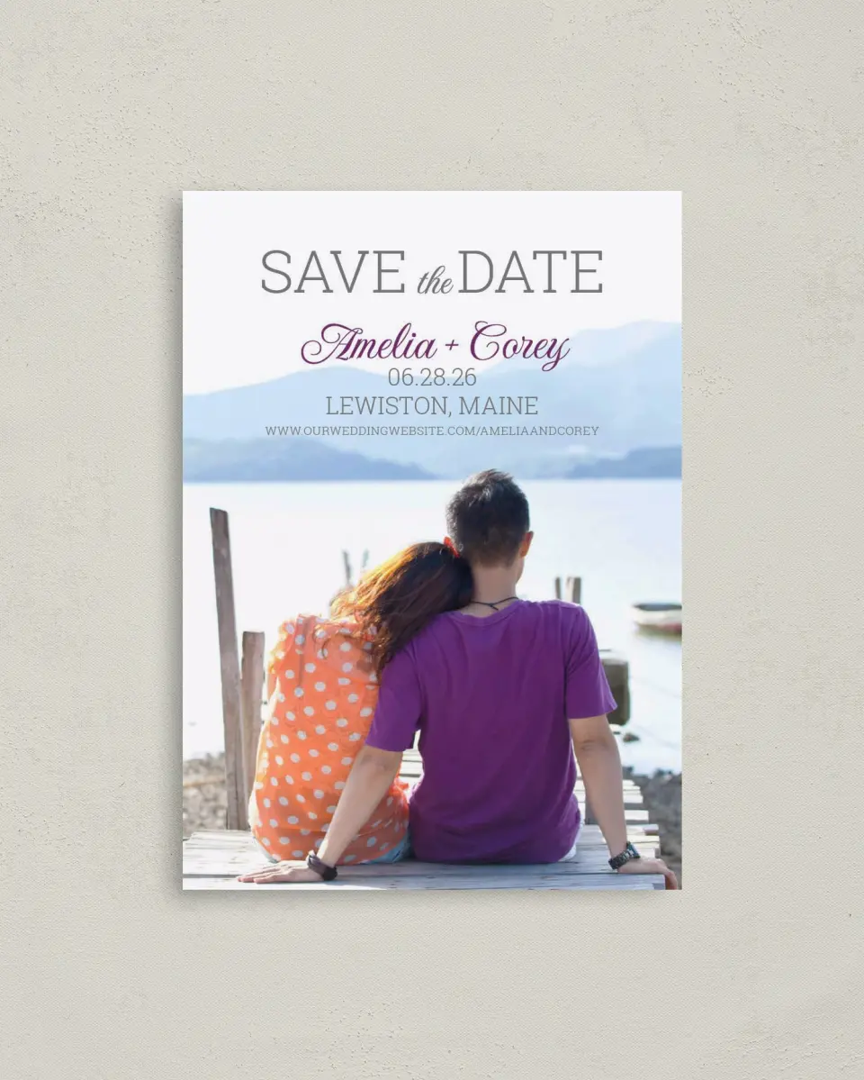 This is a 4" x 5.6" Save the Date Postcard called Simply Smitten printed in full color on Soft Touch Finish paper