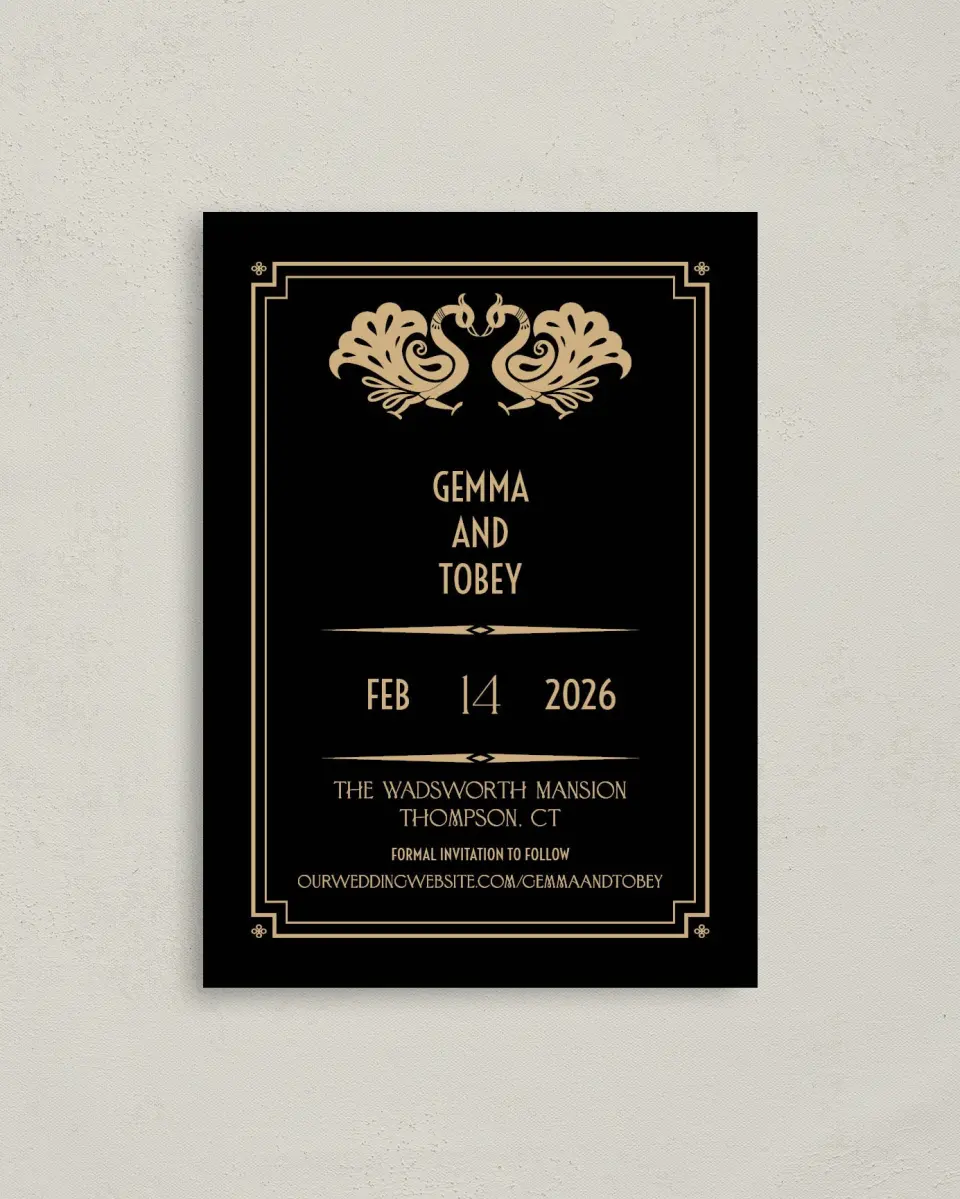 This is a 4" x 5.6" Save the Date Postcard called Deco Glam printed in full color on Soft Touch Finish paper