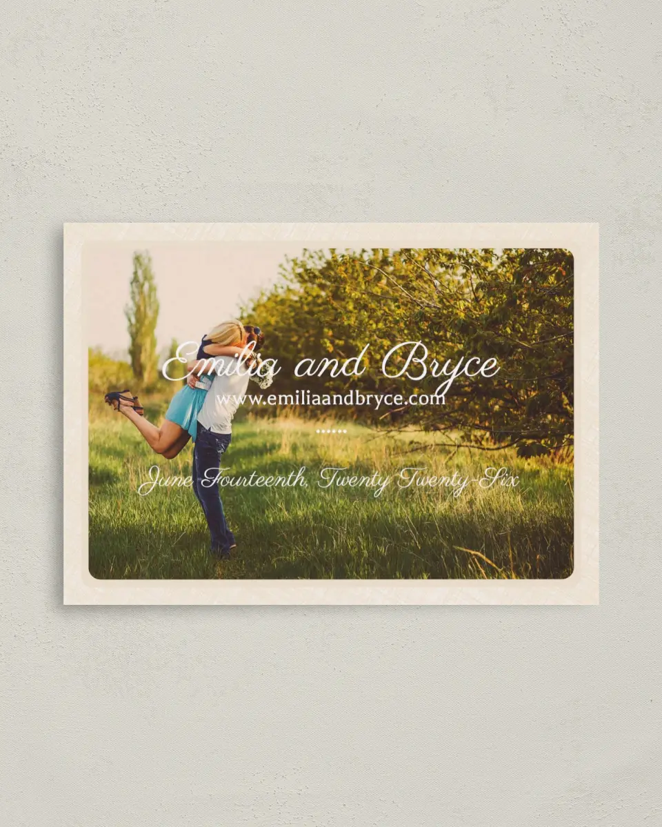 This is a 4" x 5.6" Save the Date Postcard called Our Sweet Love printed in full color on Soft Touch Finish paper