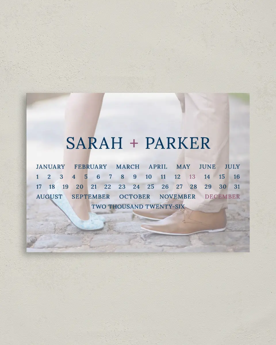 This is a 4" x 5.6" Save the Date Postcard called Modern Calendar printed in full color on Soft Touch Finish paper