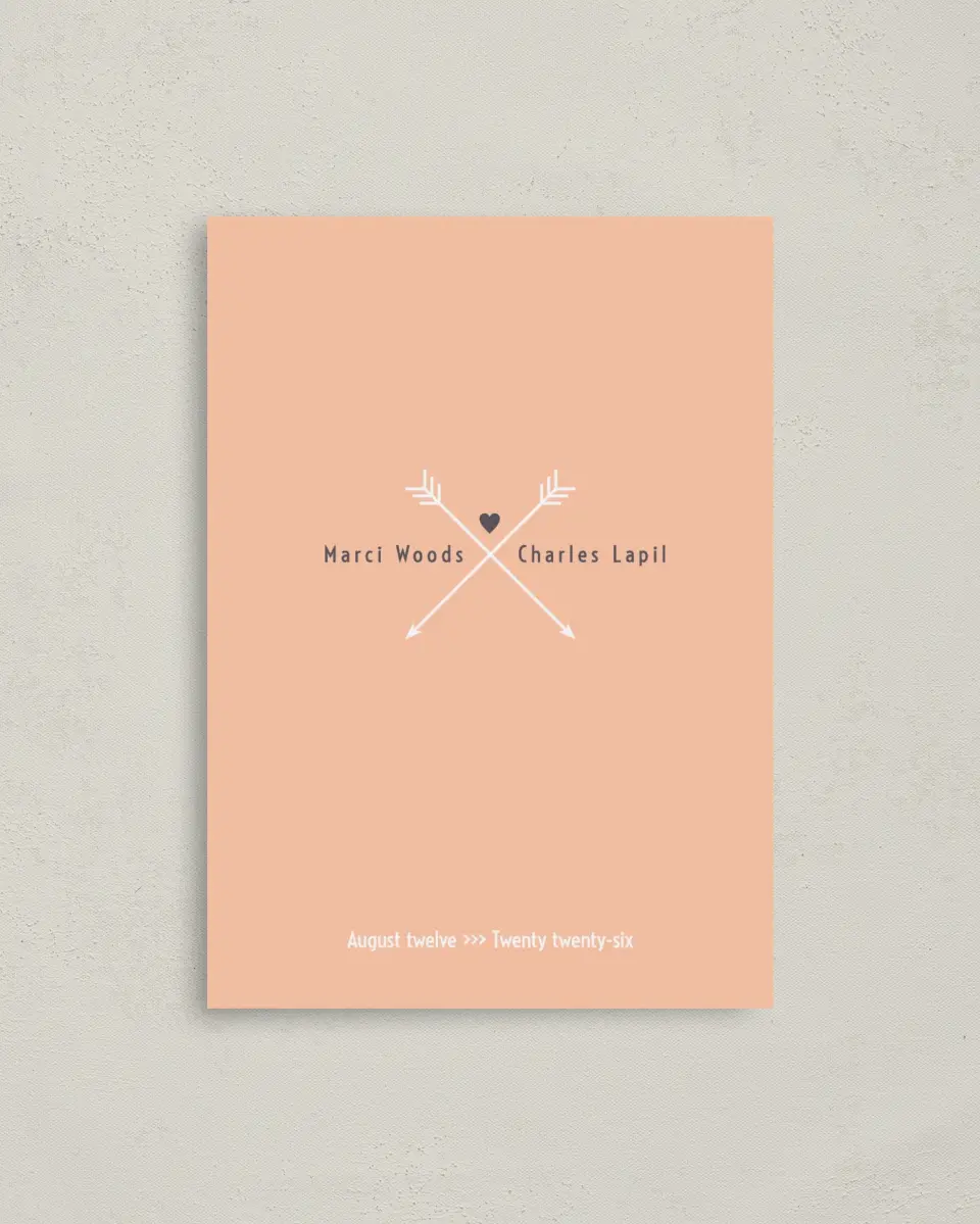 This is a 4" x 5.6" Save the Date Postcard called Love Arrows printed in full color on Soft Touch Finish paper