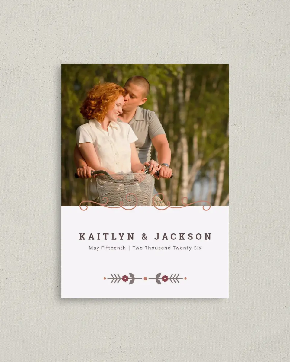 This is a 4" x 5.6" Save the Date Postcard called Fall Treasures printed in full color on Soft Touch Finish paper