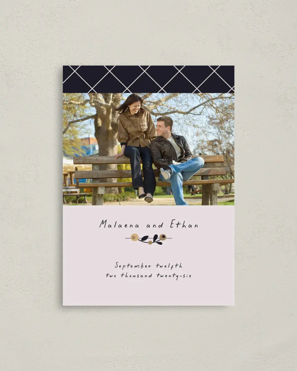 This is a 4" x 5.6" Save the Date Postcard called An Autumn Affair printed in full color on Soft Touch Finish paper