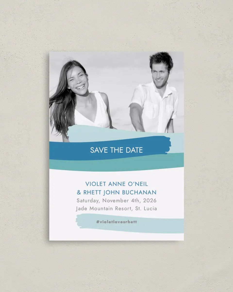 This is a 4" x 5.6" Save the Date Postcard called Making Waves printed in full color on Soft Touch Finish paper