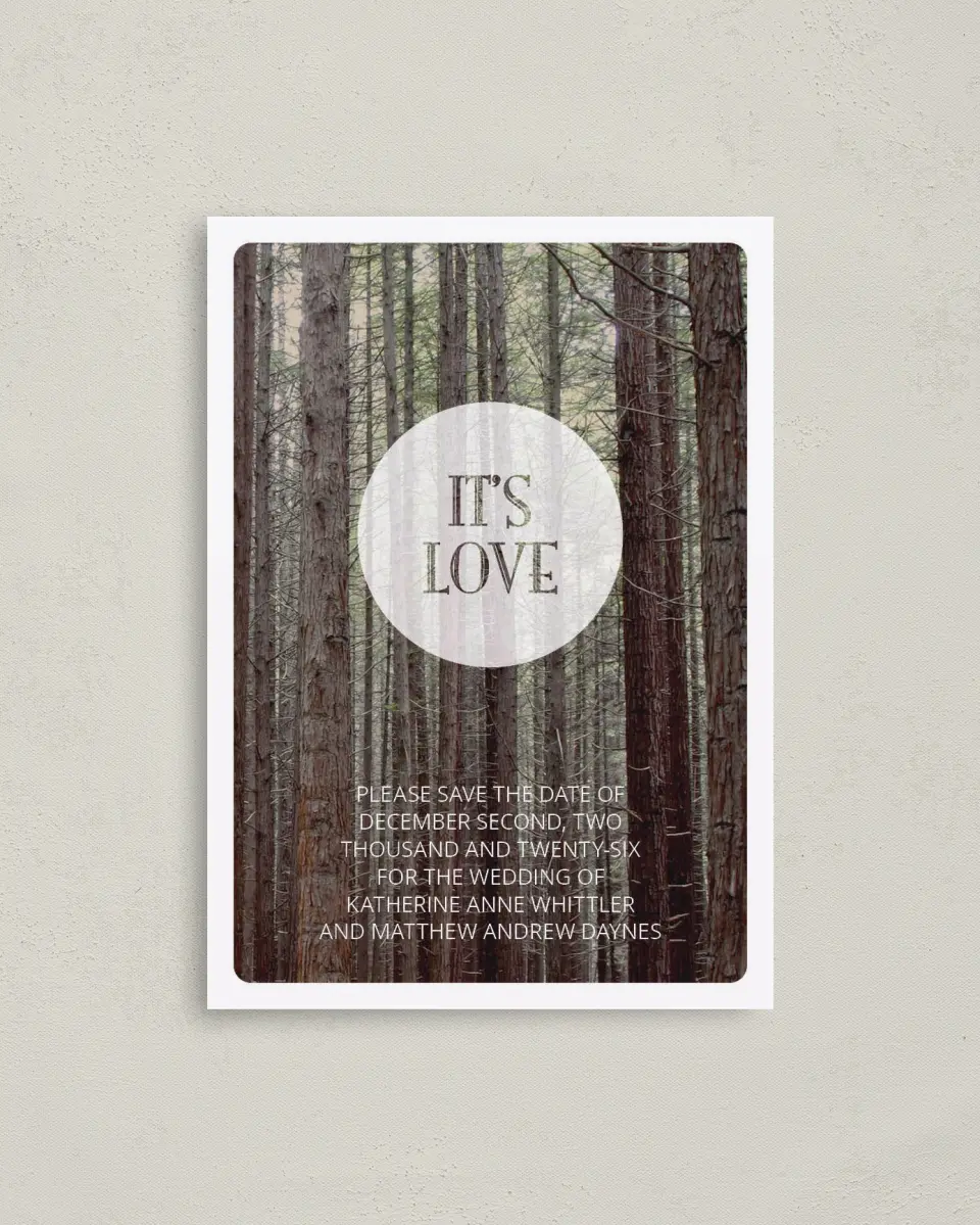This is a 4" x 5.6" Save the Date Postcard called It's Love printed in full color on Soft Touch Finish paper