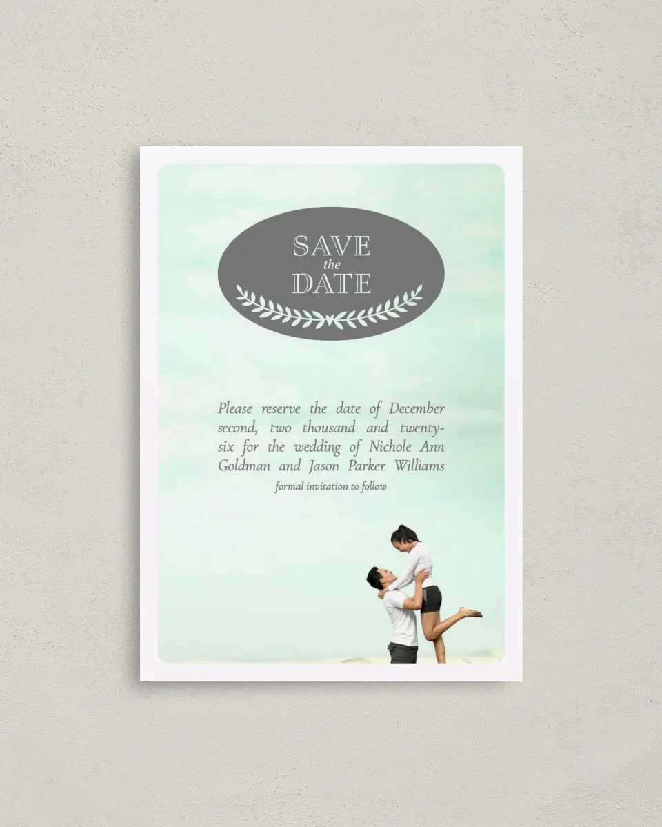 This is a 4" x 5.6" Save the Date Postcard called Modern Fairytale printed in full color on Soft Touch Finish paper