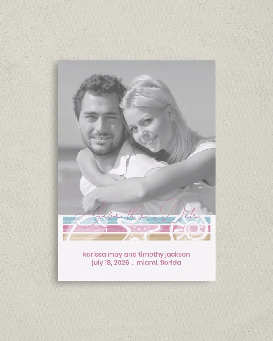 This is a 4" x 5.6" Save the Date Postcard called Salty Kisses printed in full color on Soft Touch Finish paper