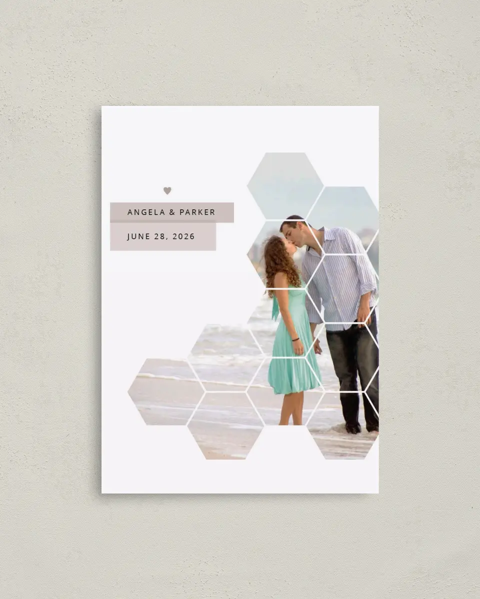 This is a 4" x 5.6" Save the Date Postcard called Honeycomb Sweetness printed in full color on Soft Touch Finish paper